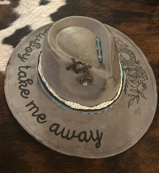 HAND BURNED HAT - COWBOY TAKE ME AWAY WITH HORSESHOE & FLOWERS