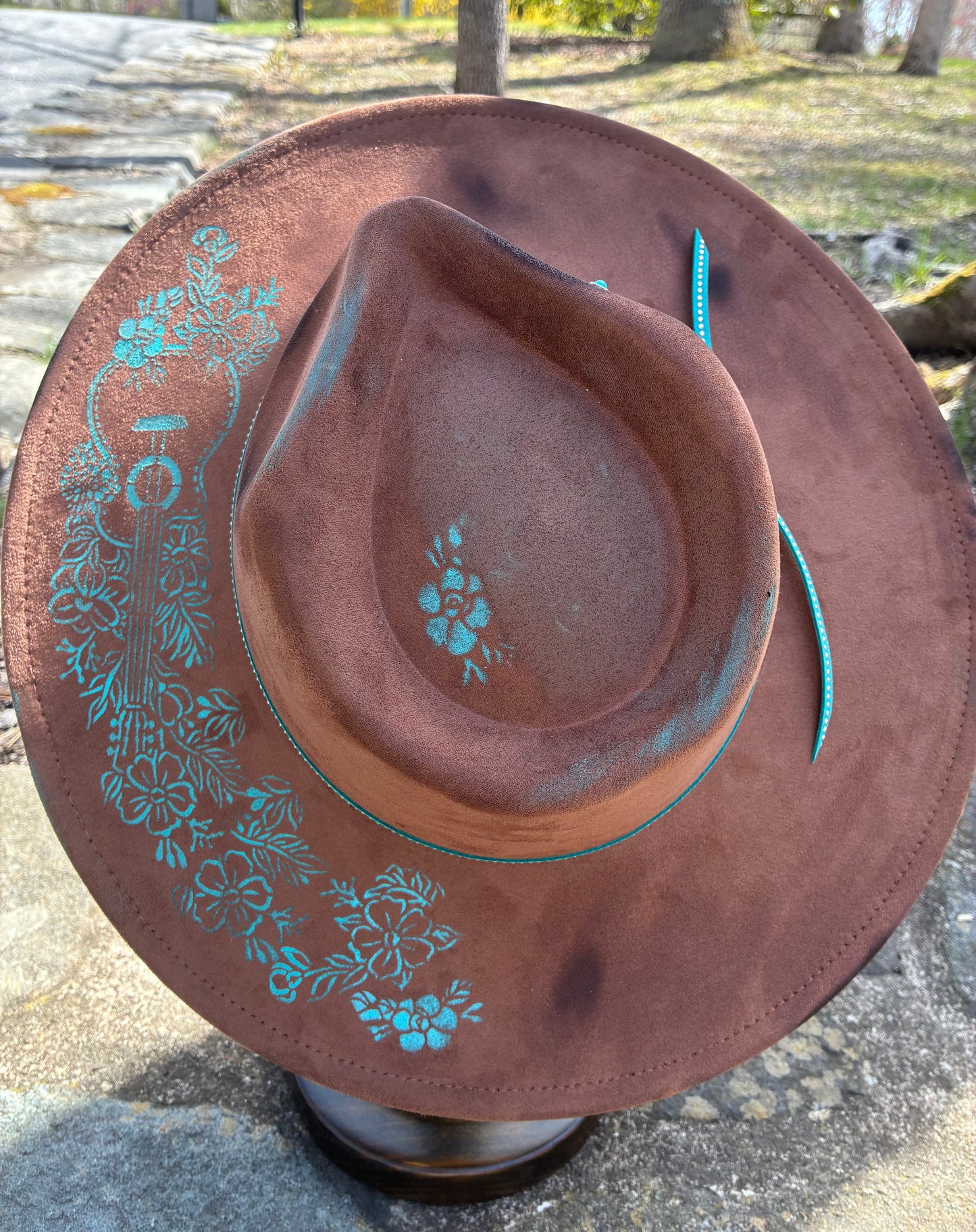 HAND PAINTED CHOCOLATE BROWN FLAT BRIMMED HAT