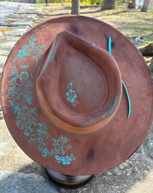 HAND PAINTED CHOCOLATE BROWN FLAT BRIMMED HAT